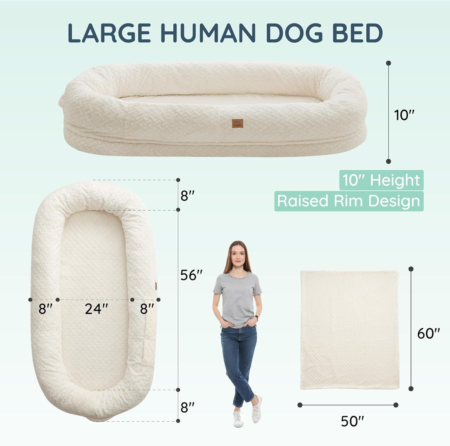 Human Dog Bed for Adult - Luxury Faux Fur Giant Size Dog Bed with Portable Handle, Egg Orthopedic Foam Bed with Blanket, 72"X40"X10", Ivory White