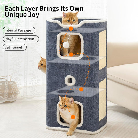 Cat Beds for Indoor Cats, Upgraded Wide Cat House & Condo 3-Story, Cat Bed Cave with Stable Frame and Large Scratch Pad, Durable Cat Cube Playhouse with Dangling Balls, Perfect for Multiple Pets