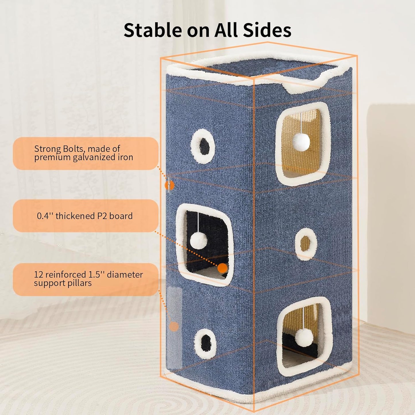 Cat Beds for Indoor Cats, Upgraded Wide Cat House & Condo 3-Story, Cat Bed Cave with Stable Frame and Large Scratch Pad, Durable Cat Cube Playhouse with Dangling Balls, Perfect for Multiple Pets