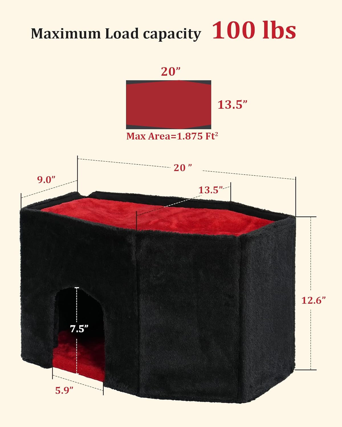 Gothic Cat Condo Cave for Indoor Cats, Spacious Indoor Coffin Cat House Bed,Large 20X13.5Inch Bunk Perch, Stable Cubbie for Pets Rabbits, Halloween Red Black