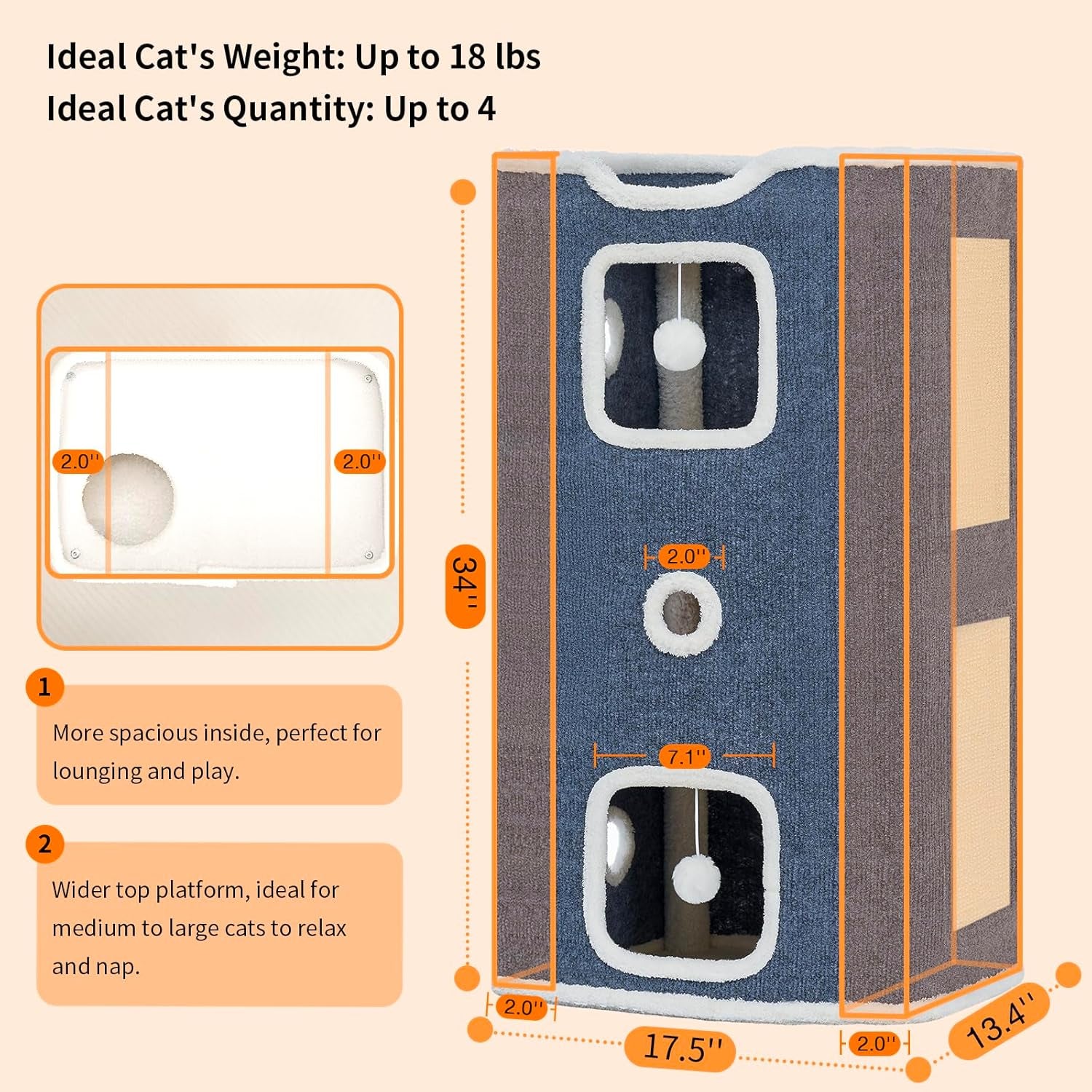 Cat Beds for Indoor Cats, Upgraded Wide Cat House & Condo 3-Story, Cat Bed Cave with Stable Frame and Large Scratch Pad, Durable Cat Cube Playhouse with Dangling Balls, Perfect for Multiple Pets