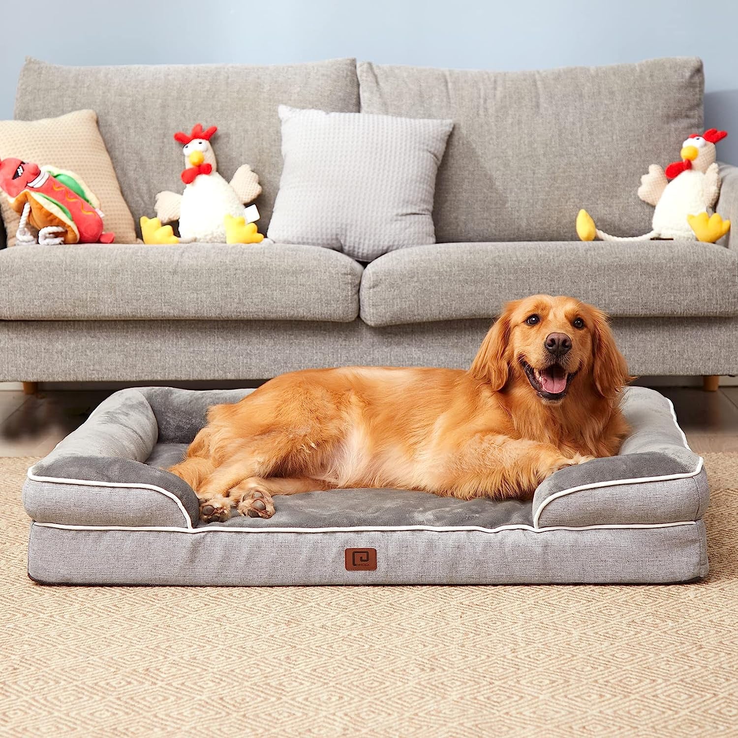 Orthopedic Dog Beds for Extra Large Dogs, Waterproof Memory Foam XXL Pet Bed with Sides, Non-Slip Bottom and Egg-Crate Foam Big Dog Couch Bed with Washable Removable Cover, Grey