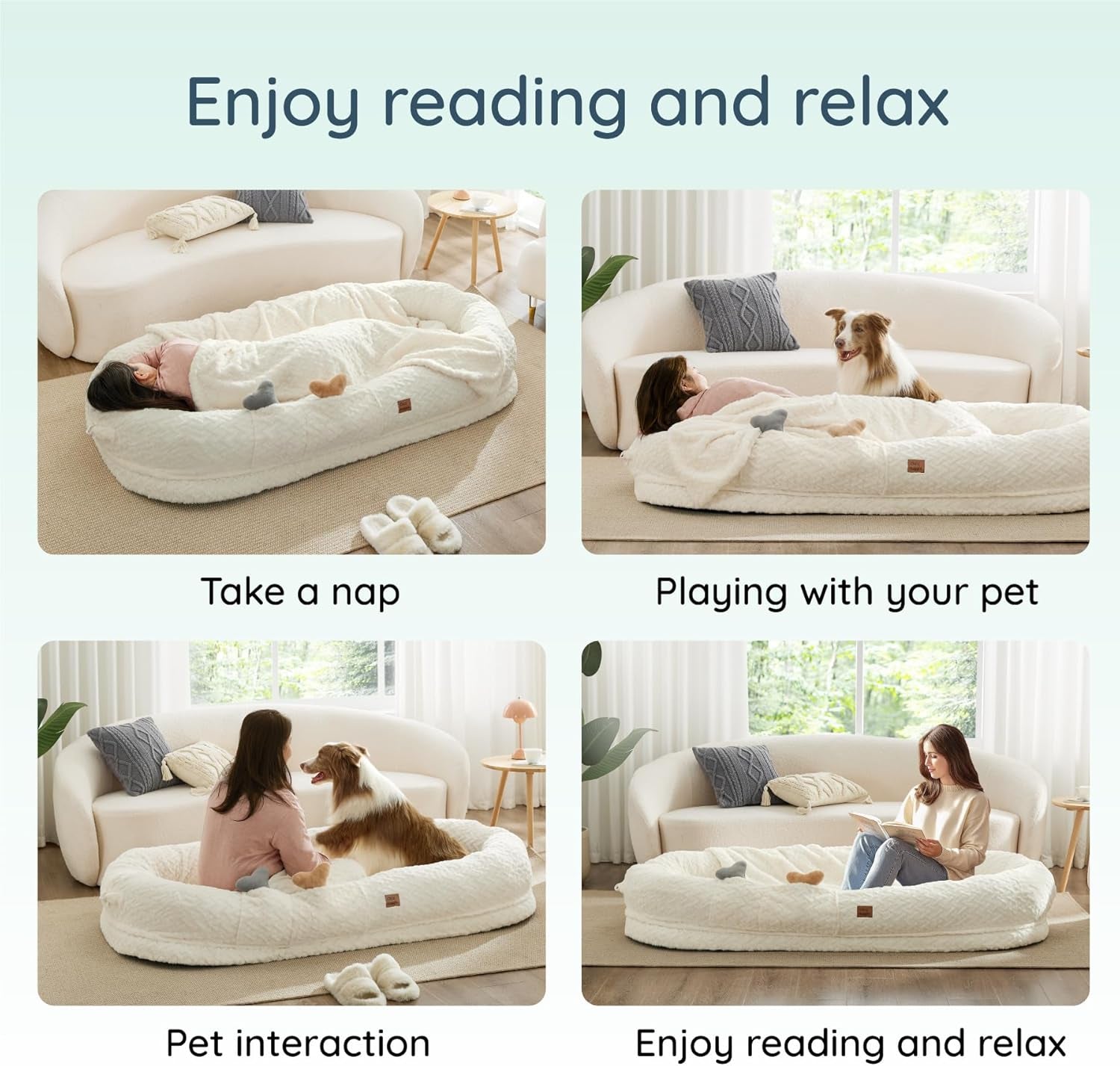 Human Dog Bed for Adult - Luxury Faux Fur Giant Size Dog Bed with Portable Handle, Egg Orthopedic Foam Bed with Blanket, 72"X40"X10", Ivory White