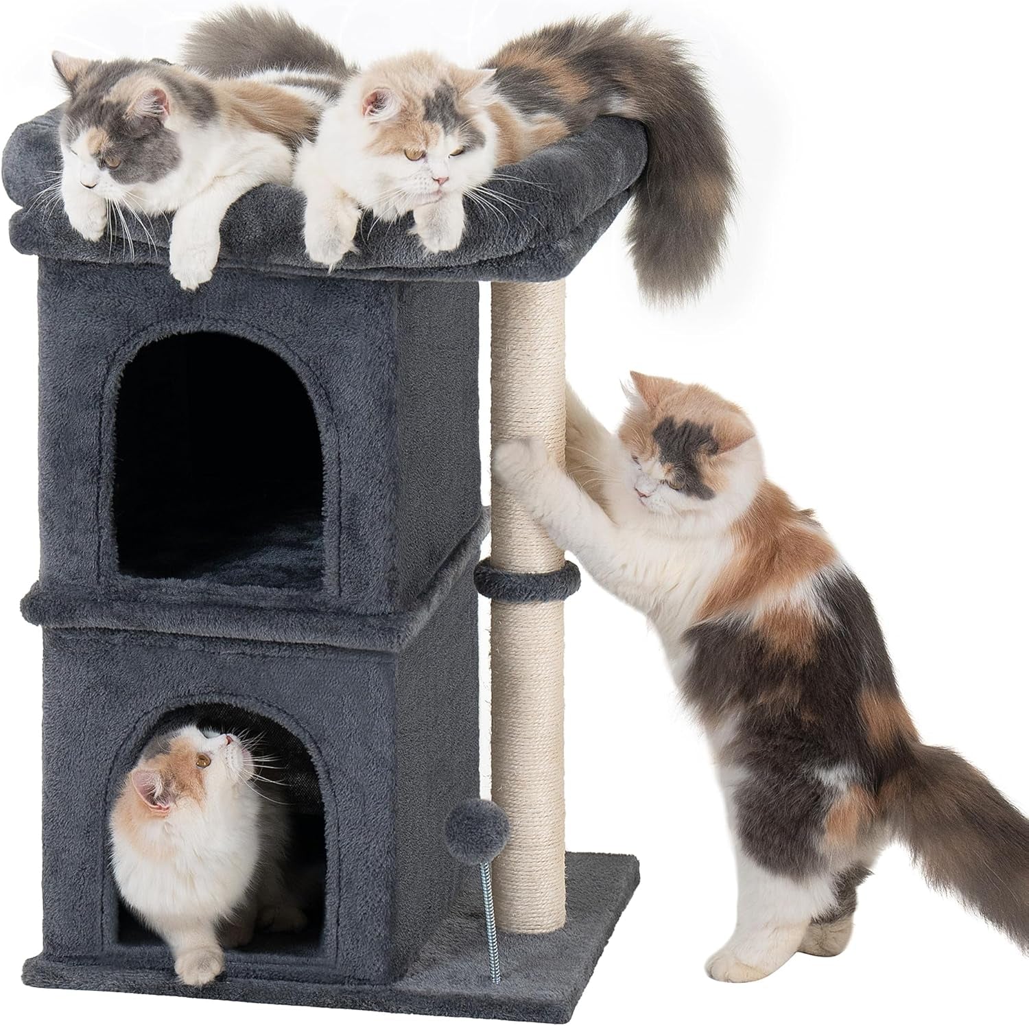 24In Cat Tree Tower with Scratching Post, 19 * 16.5In Window Perch for Large Cats, 2 Cat Condo Cubbies for Indoor Kittens, Dark Gray