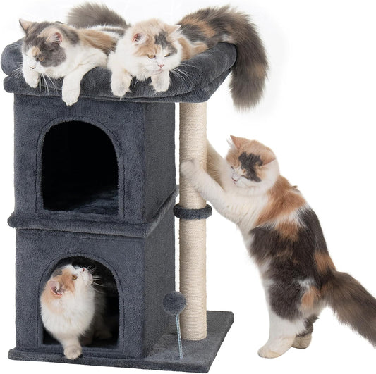 24In Cat Tree Tower with Scratching Post, 19 * 16.5In Window Perch for Large Cats, 2 Cat Condo Cubbies for Indoor Kittens, Dark Gray