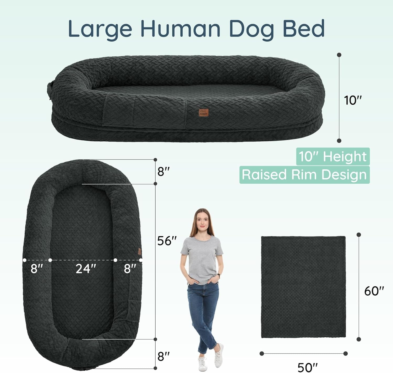 Human Dog Bed for Adult - Luxury Faux Fur Giant Size Dog Bed with Portable Handle, Egg Orthopedic Foam with Blanket, 72"X40"X10", Dark Grey