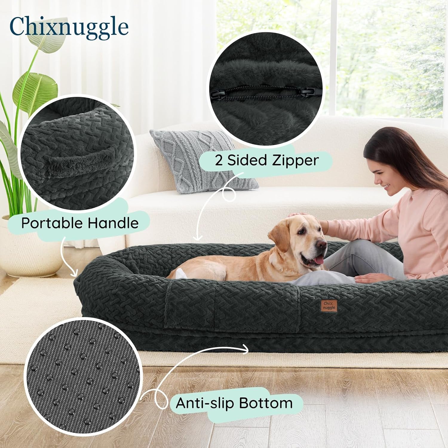 Human Dog Bed for Adult - Luxury Faux Fur Giant Size Dog Bed with Portable Handle, Egg Orthopedic Foam with Blanket, 72"X40"X10", Dark Grey