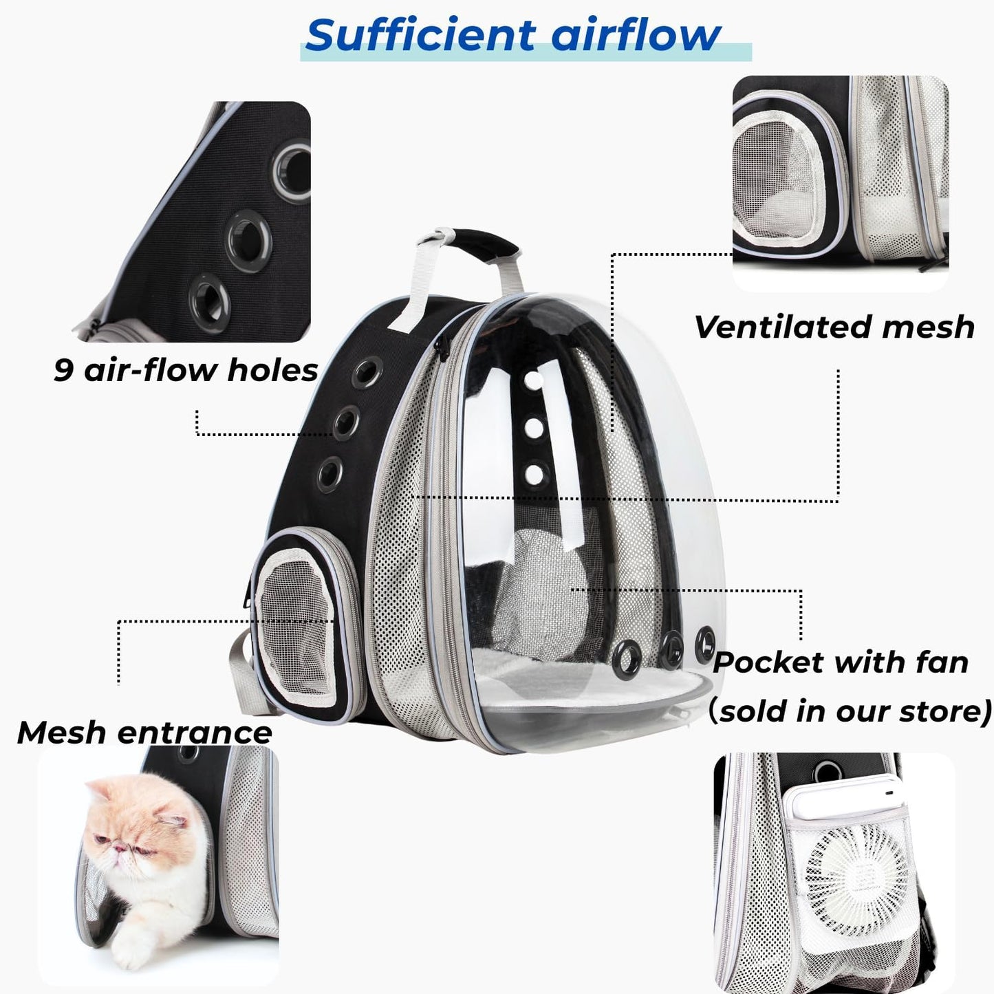 Cat Carrier Backpack, Bubble Expandable Backpack Carrier, Pets and Small Dogs,Airline-Approved, Designed for Travel, Hiking, Walking & Outdoor Use (Front Expandable-Black)