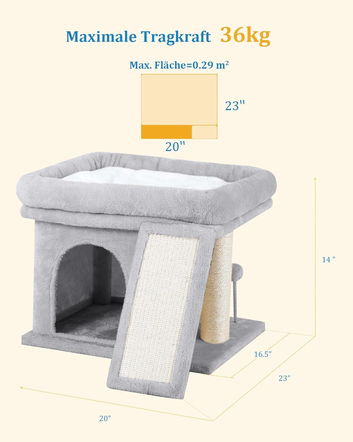 14In Cat Tree Tower with 20 * 16.5In Perch Bed and Washable Top for Large Adult Cats, Condo and Scratching Post for Indoor Kitten Pet, Light Gray