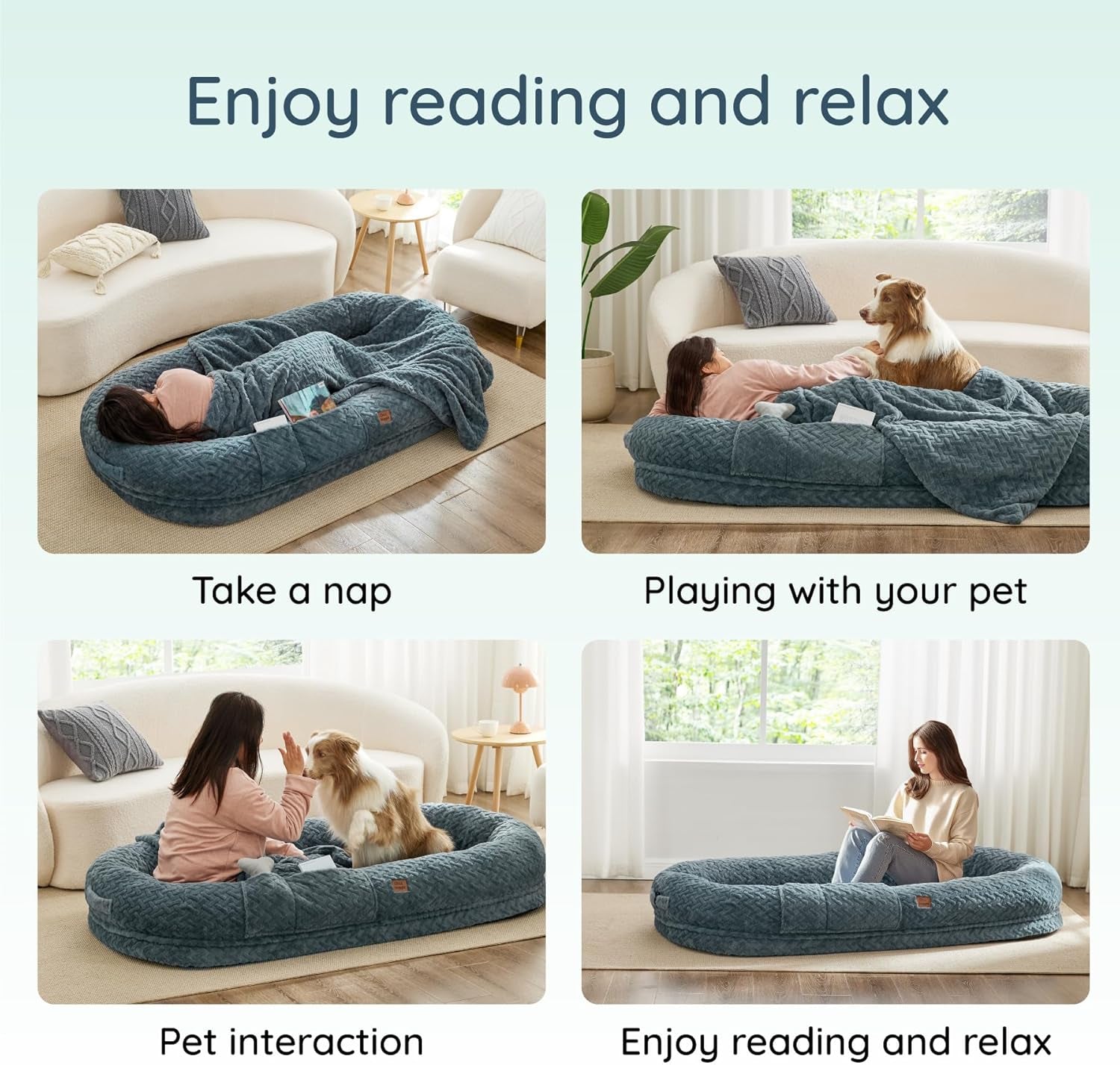 Human Dog Bed for Adult - Luxury Faux Fur Giant Size Dog Bed with Portable Handle, Egg Orthopedic Foam Bed with Blanket, 72"X40"X10", Grayish Blue