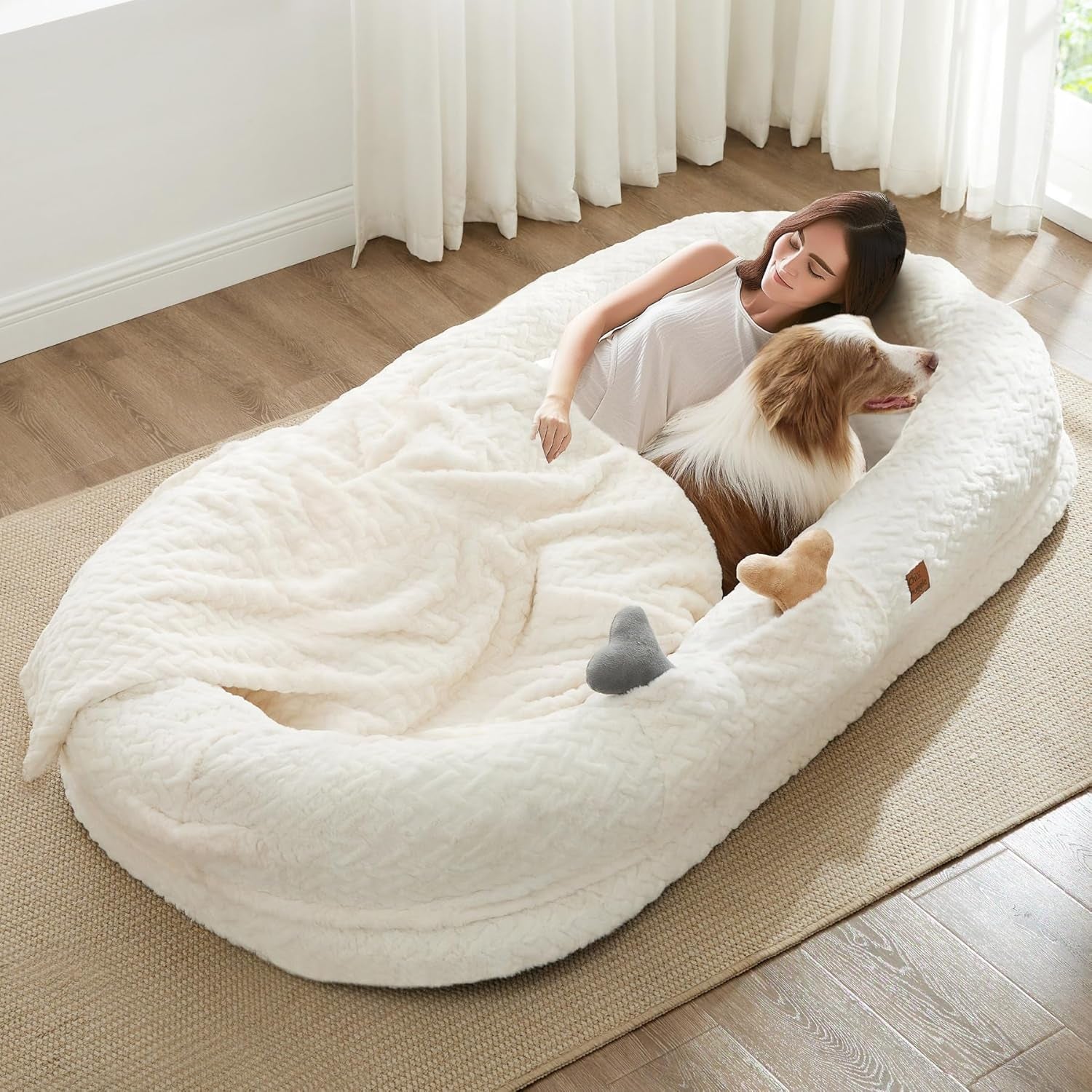 Human Dog Bed for Adult - Luxury Faux Fur Giant Size Dog Bed with Portable Handle, Egg Orthopedic Foam Bed with Blanket, 72"X40"X10", Ivory White