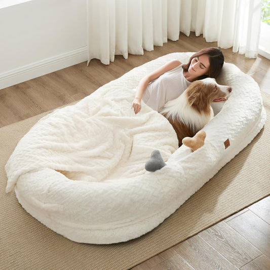 Human Dog Bed for Adult - Luxury Faux Fur Giant Size Dog Bed with Portable Handle, Egg Orthopedic Foam Bed with Blanket, 72"X40"X10", Ivory White