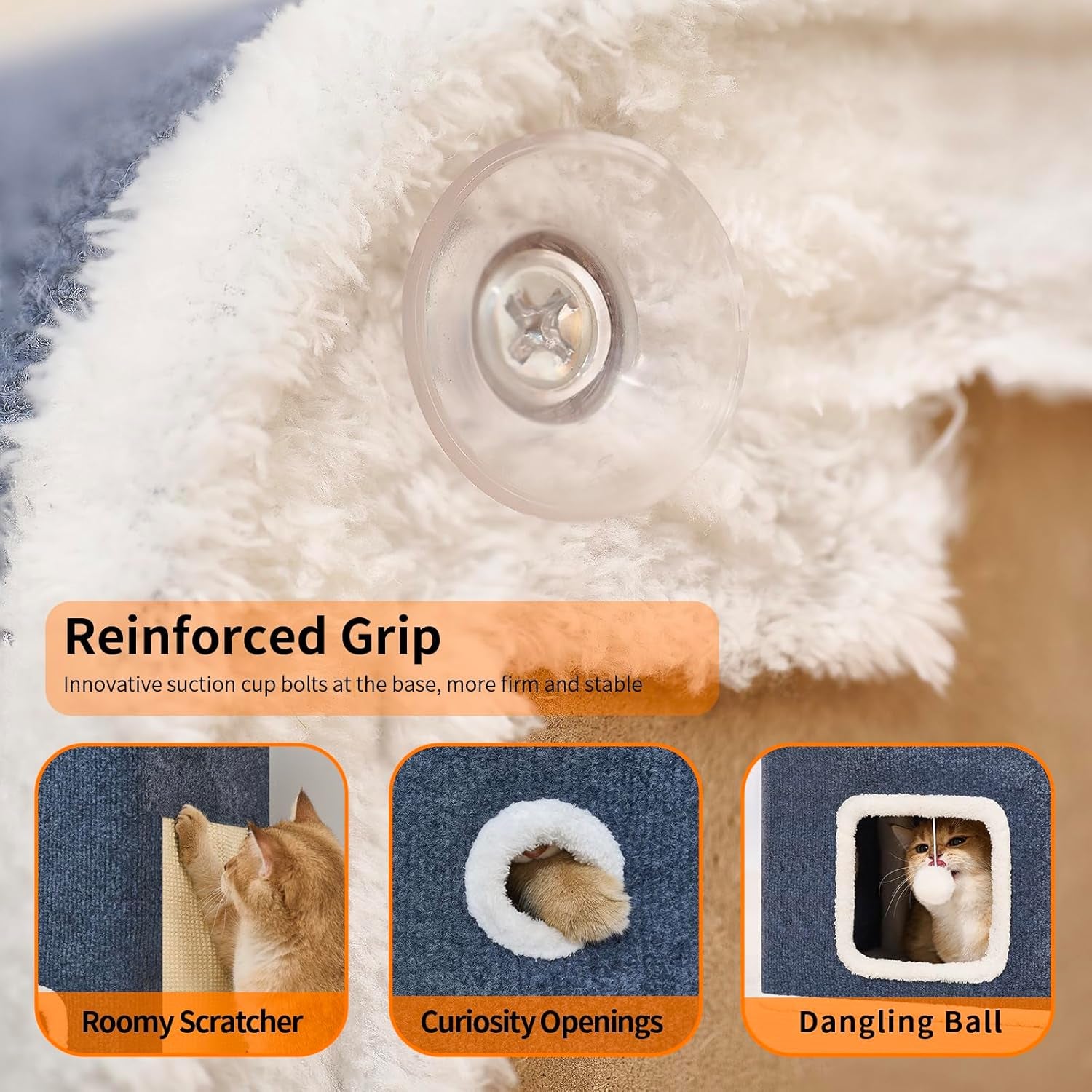 Cat Beds for Indoor Cats, Upgraded Wide Cat House & Condo 3-Story, Cat Bed Cave with Stable Frame and Large Scratch Pad, Durable Cat Cube Playhouse with Dangling Balls, Perfect for Multiple Pets