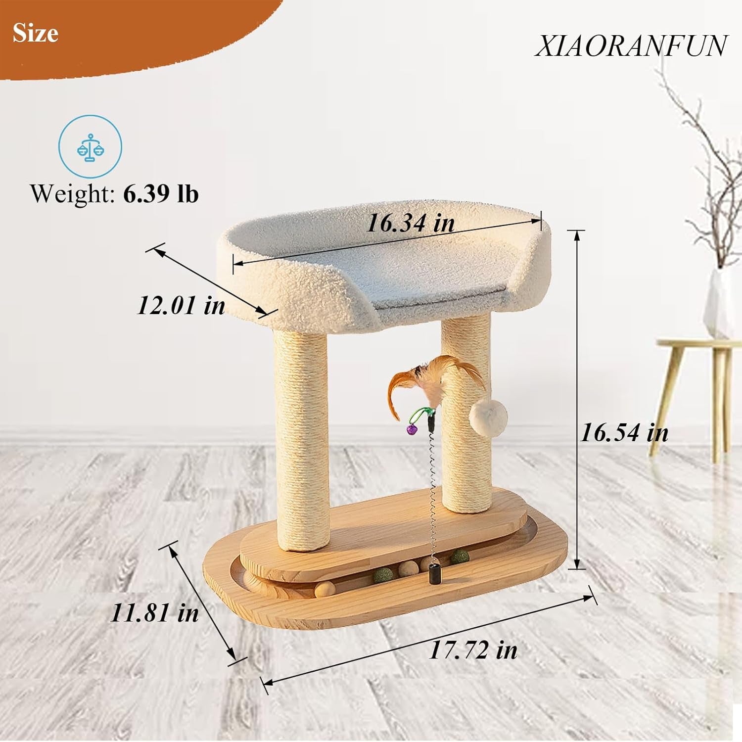 5-In-1 Small Wooden Cat Tree Tower,16.34" Lx11.81 Wx16.54 H,Natural Sisal Cat Scratching Post with Bed for Indoor Cats,Interactive Cat Feather Toy,Ball Track Toy for Kittens and Cats,White
