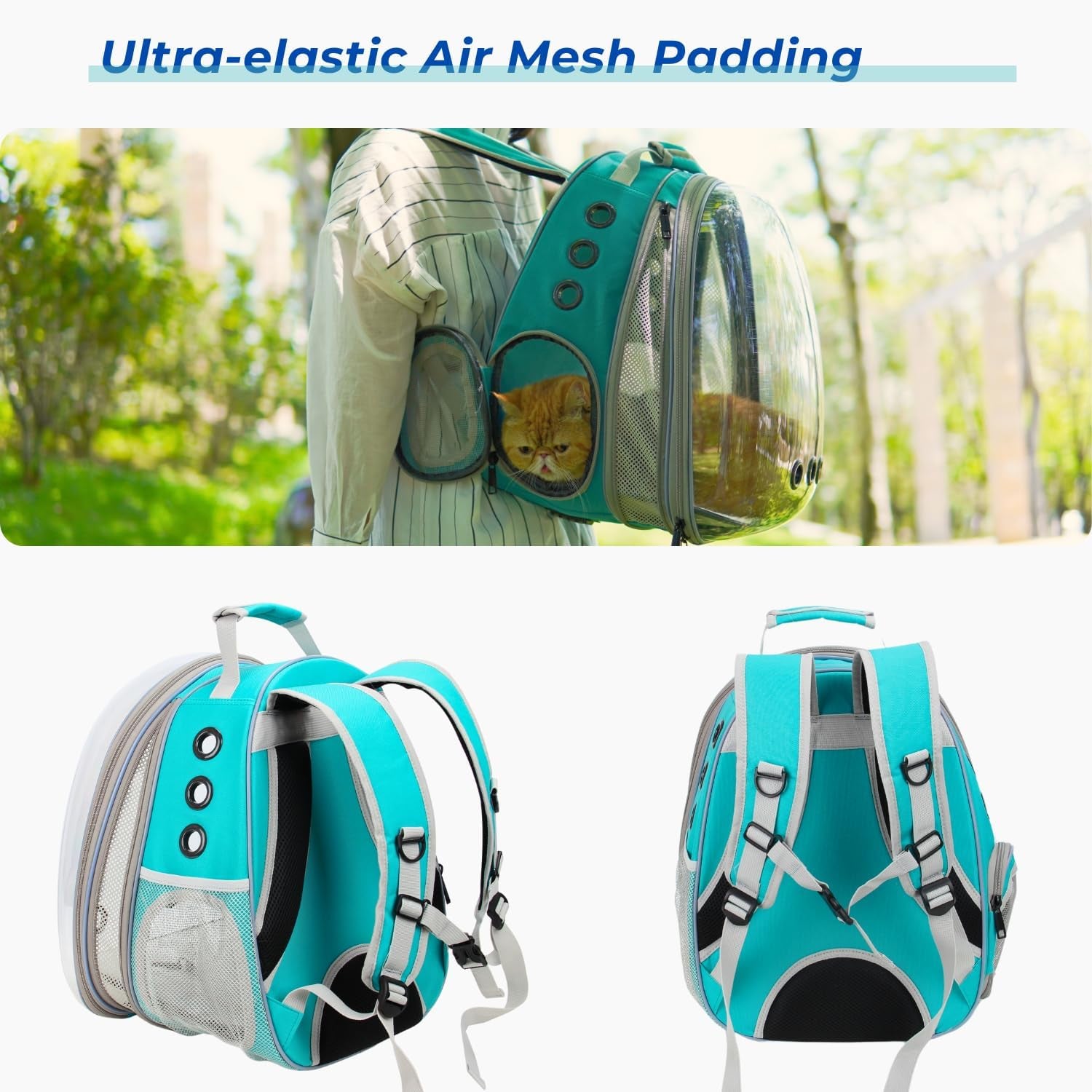 Cat Carrier Backpack, Bubble Expandable Backpack Carrier, Pets and Small Dogs,Airline-Approved, Designed for Travel, Hiking, Walking & Outdoor Use (Front Expandable-Green)