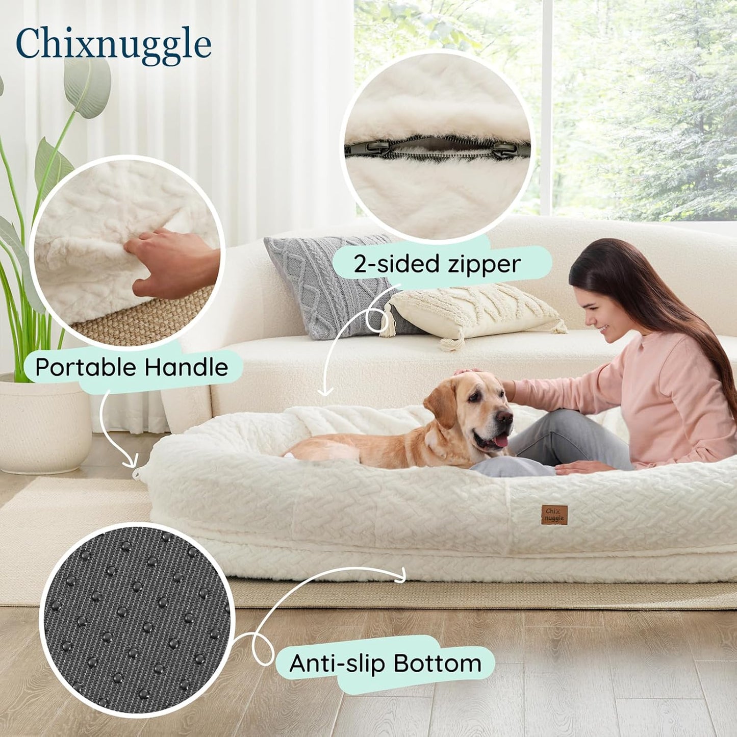Human Dog Bed for Adult - Luxury Faux Fur Giant Size Dog Bed with Portable Handle, Egg Orthopedic Foam Bed with Blanket, 72"X40"X10", Ivory White
