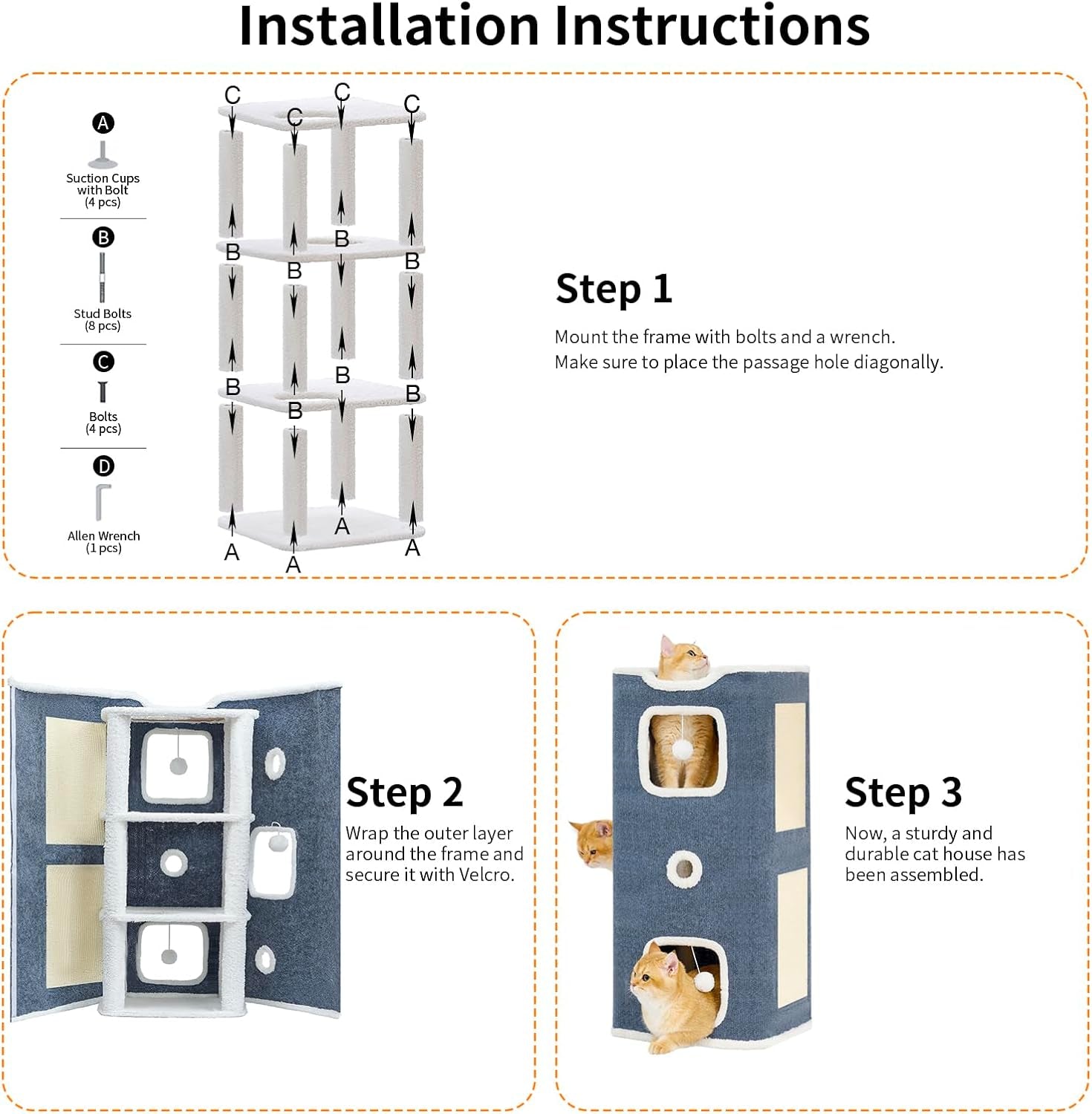 Cat Beds for Indoor Cats, Upgraded Wide Cat House & Condo 3-Story, Cat Bed Cave with Stable Frame and Large Scratch Pad, Durable Cat Cube Playhouse with Dangling Balls, Perfect for Multiple Pets