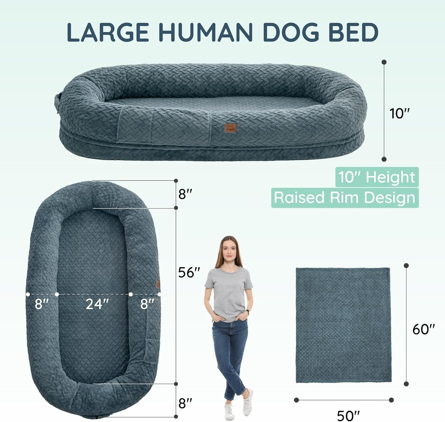 Human Dog Bed for Adult - Luxury Faux Fur Giant Size Dog Bed with Portable Handle, Egg Orthopedic Foam Bed with Blanket, 72"X40"X10", Grayish Blue