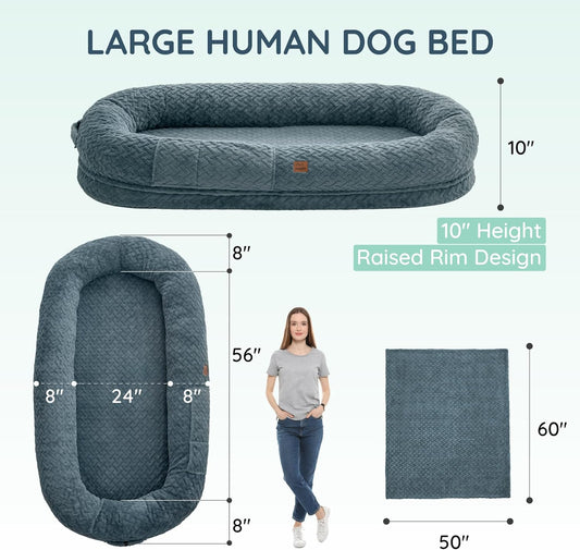 Human Dog Bed for Adult - Luxury Faux Fur Giant Size Dog Bed with Portable Handle, Egg Orthopedic Foam Bed with Blanket, 72"X40"X10", Grayish Blue