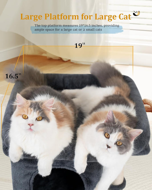 24In Cat Tree Tower with Scratching Post, 19 * 16.5In Window Perch for Large Cats, 2 Cat Condo Cubbies for Indoor Kittens, Dark Gray