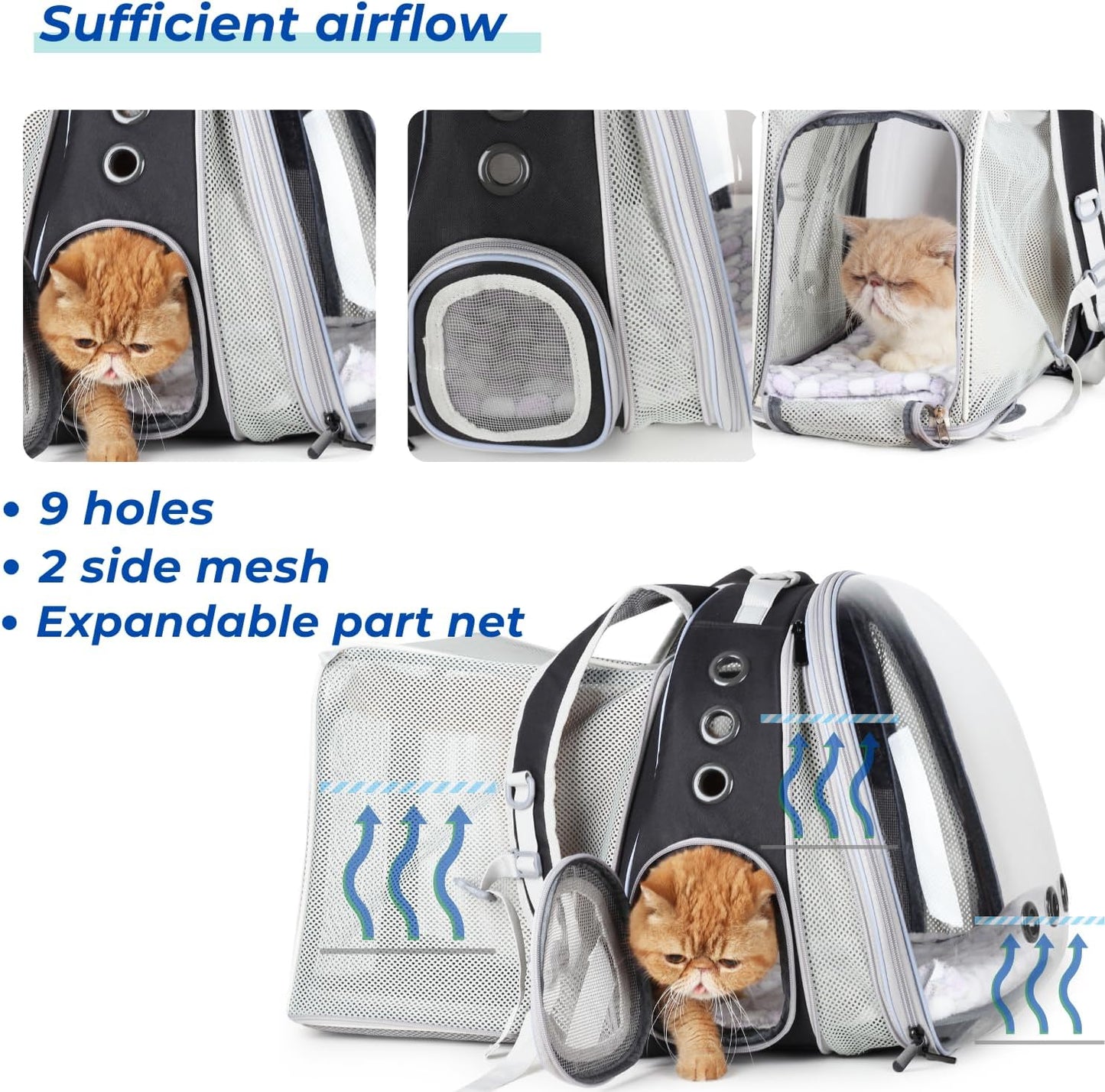 Cat Carrier Backpack, Bubble Dual Expandable Backpack Carrier, Pets and Small Dogs,Airline-Approved, Designed for Travel, Hiking, Walking & Outdoor Use (Dual Expandable-Black)
