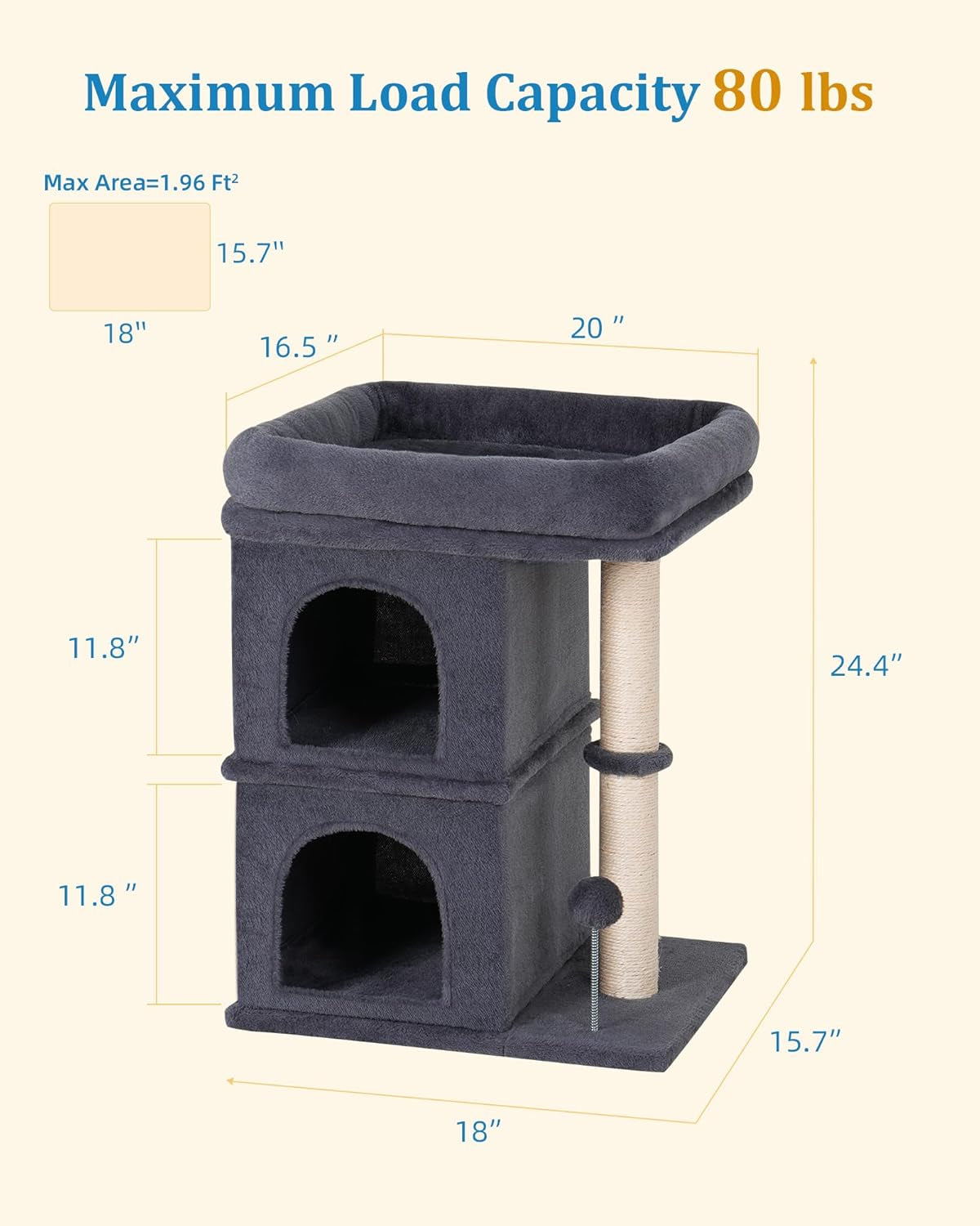 24In Cat Tree Tower with Scratching Post, 19 * 16.5In Window Perch for Large Cats, 2 Cat Condo Cubbies for Indoor Kittens, Dark Gray