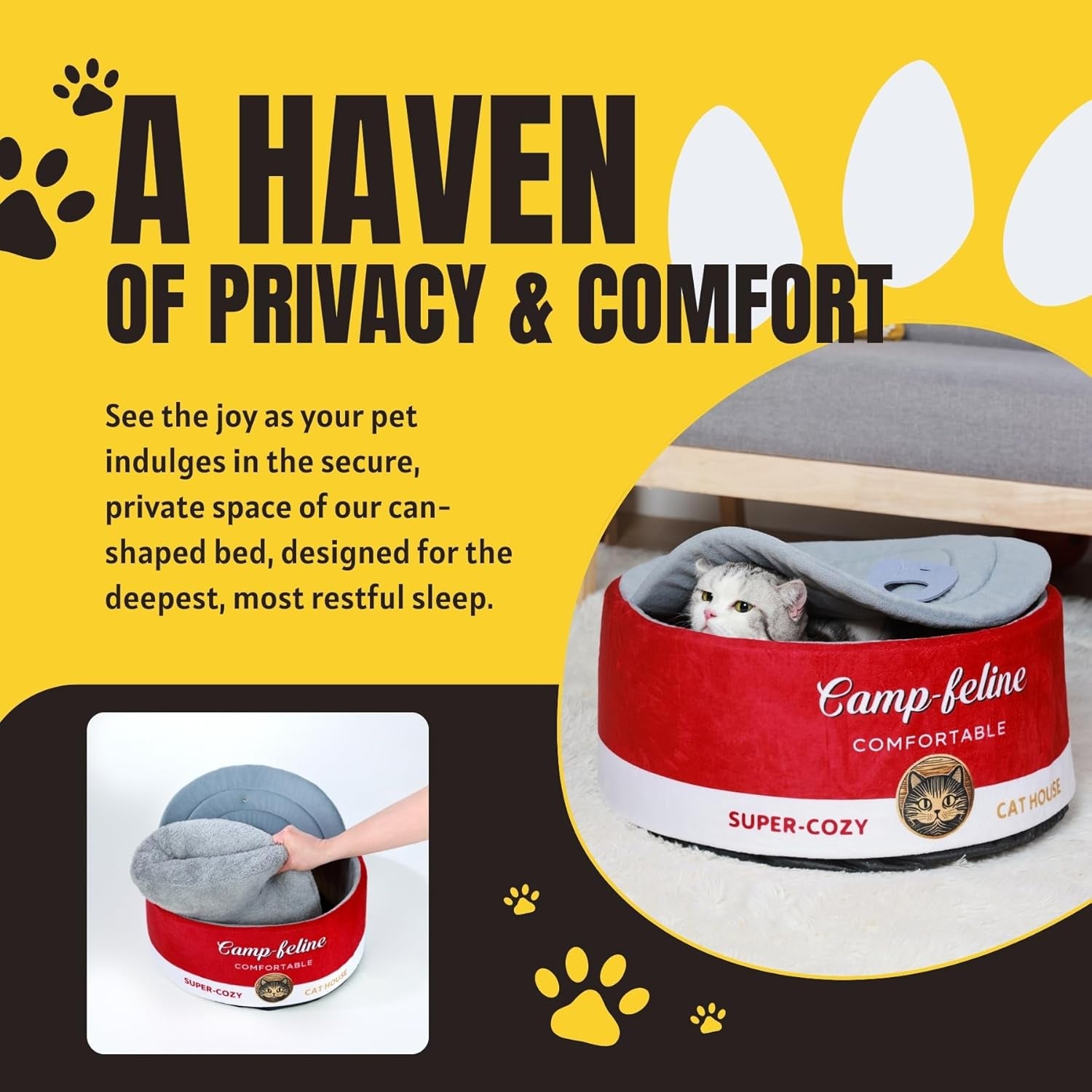 Can-Shaped Cat Bed with Privacy Cover - Comfortable Cushion for Cats & Small Dogs