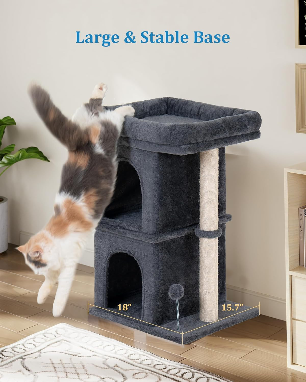 24In Cat Tree Tower with Scratching Post, 19 * 16.5In Window Perch for Large Cats, 2 Cat Condo Cubbies for Indoor Kittens, Dark Gray