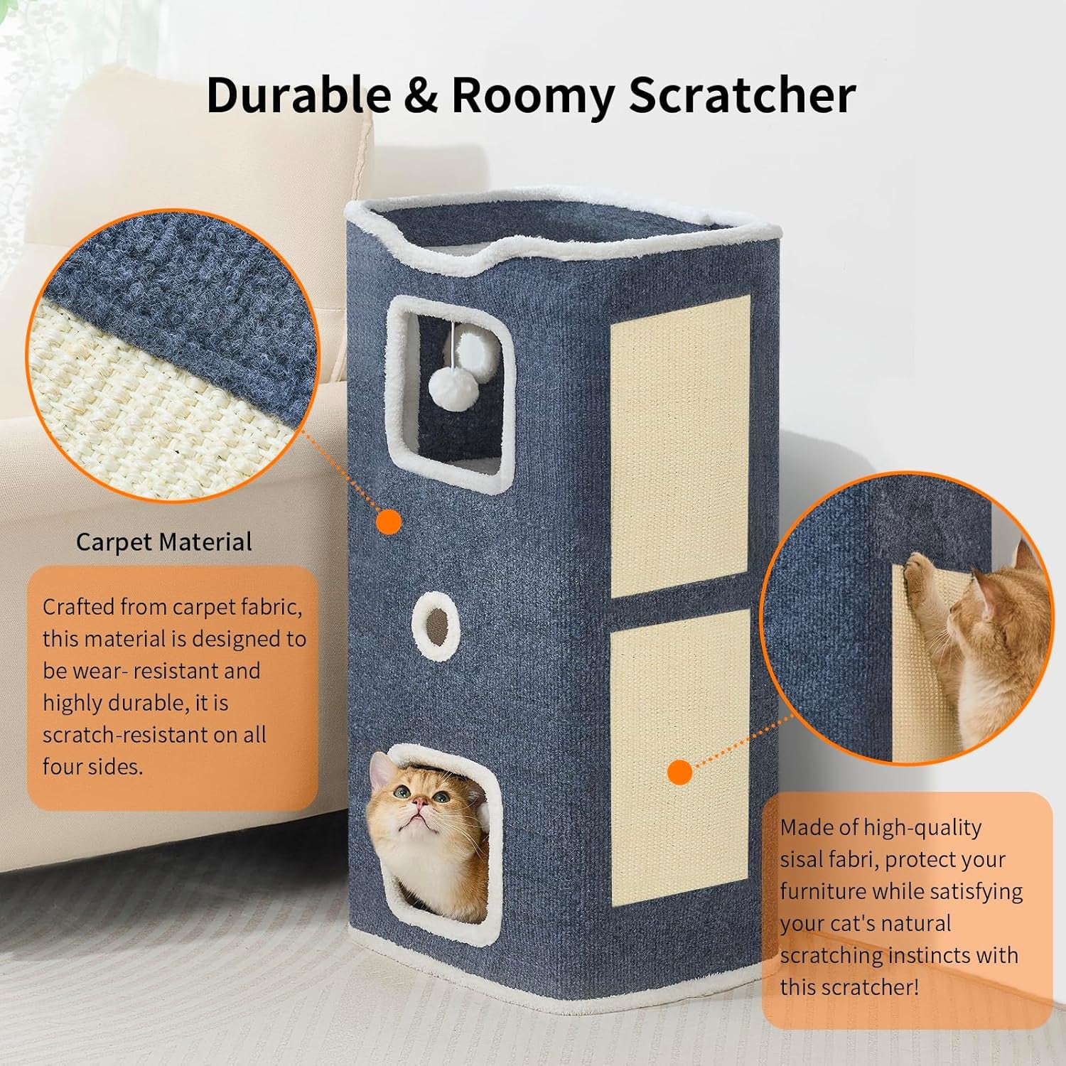 Cat Beds for Indoor Cats, Upgraded Wide Cat House & Condo 3-Story, Cat Bed Cave with Stable Frame and Large Scratch Pad, Durable Cat Cube Playhouse with Dangling Balls, Perfect for Multiple Pets
