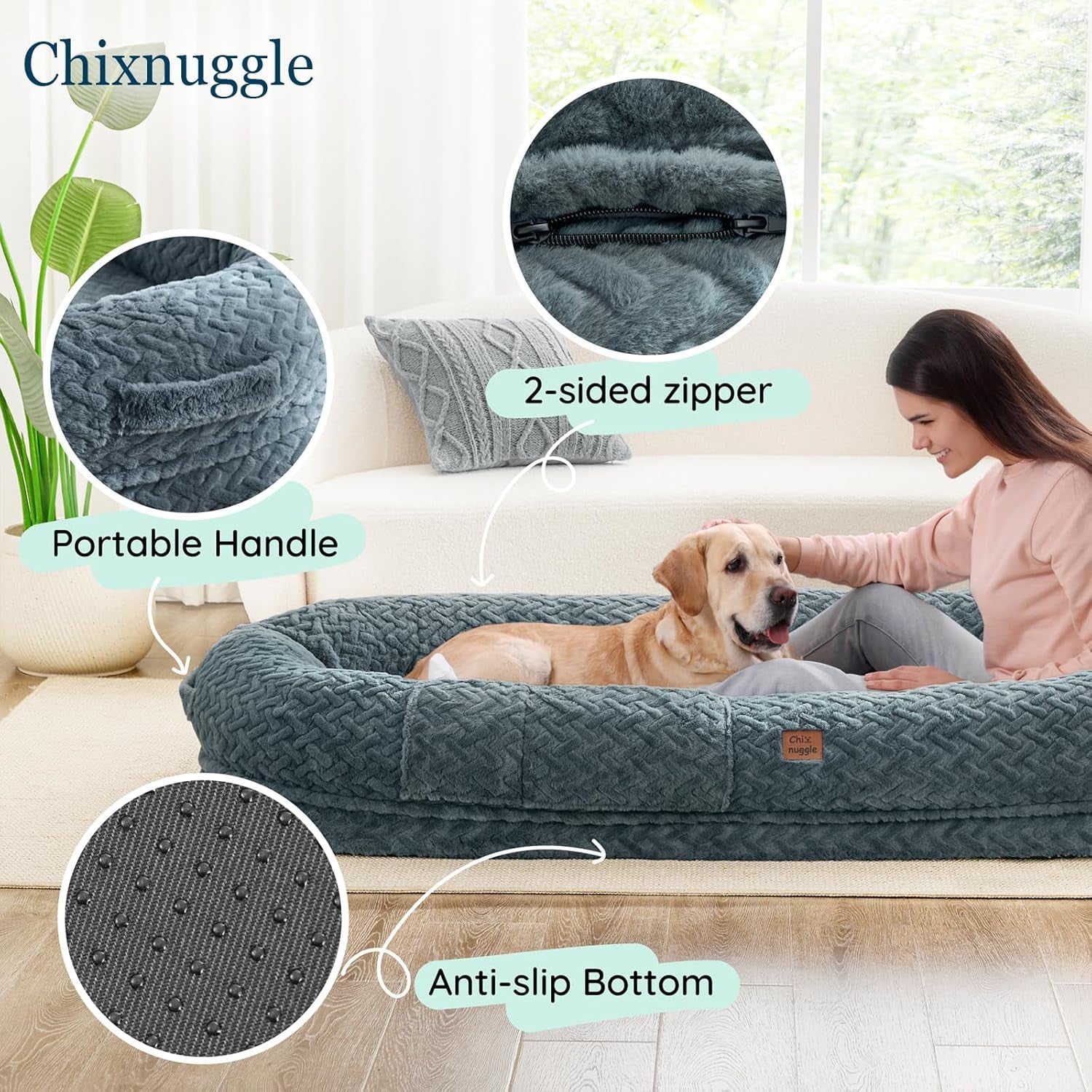 Human Dog Bed for Adult - Luxury Faux Fur Giant Size Dog Bed with Portable Handle, Egg Orthopedic Foam Bed with Blanket, 72"X40"X10", Grayish Blue