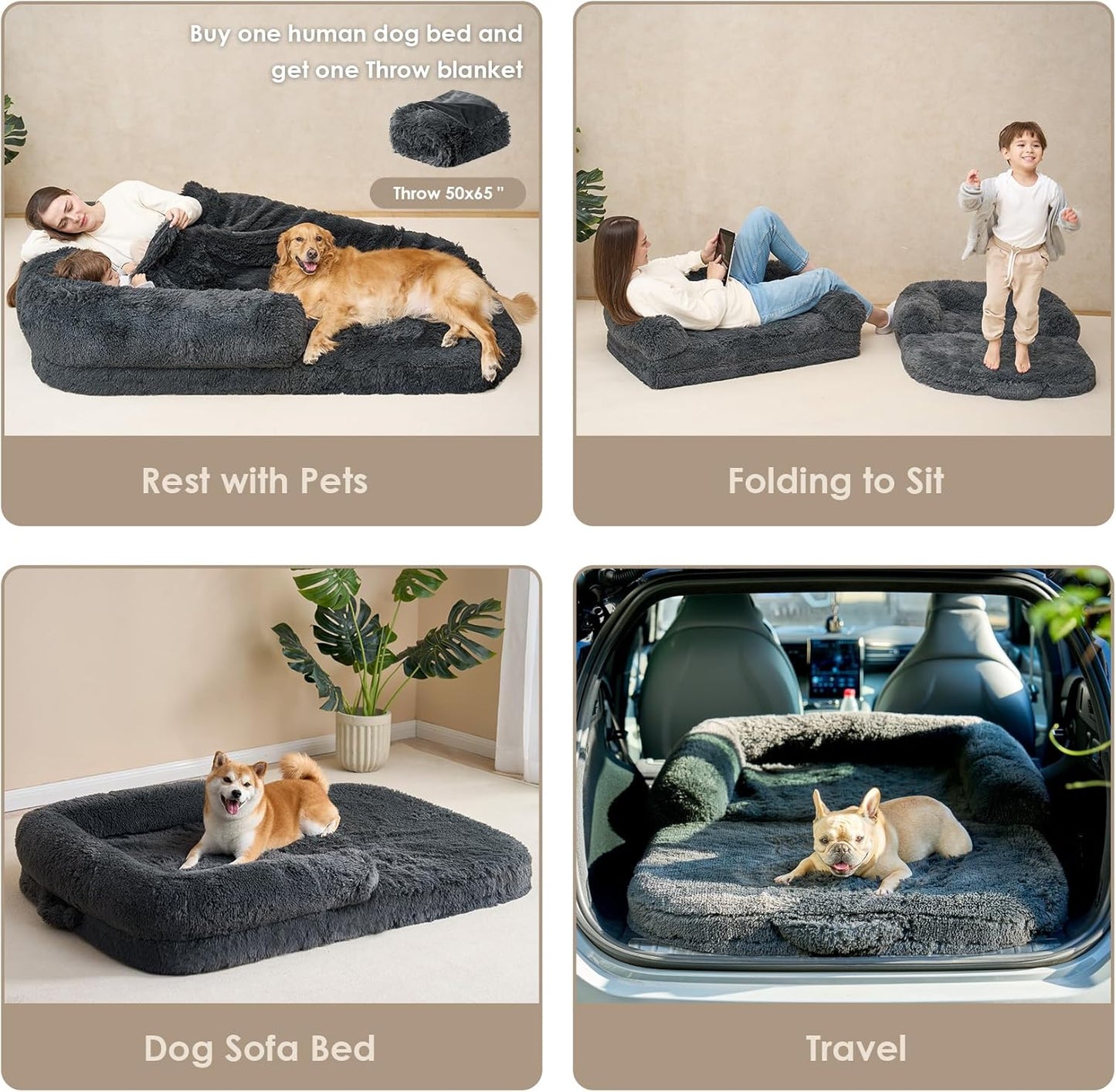 Foldable Human Dog Bed, Orthopedic Memory Foam Human Sized Dog Bed, Waterproof Pet Bed for People, Faux Fur Pet Couch for Adult, Dark Grey, 72"X44"X11"