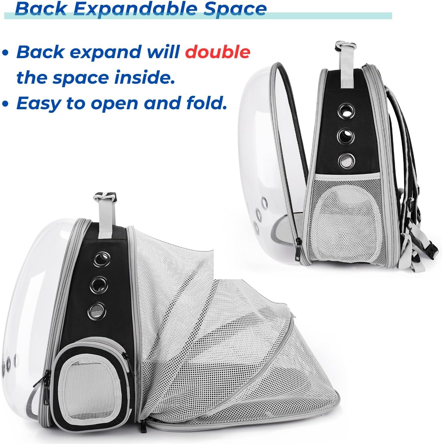 Cat Carrier Backpack, Bubble Expandable Backpack Carrier, Pets and Small Dogs,Airline-Approved, Designed for Travel, Hiking, Walking & Outdoor Use (Back Expandable-Black)