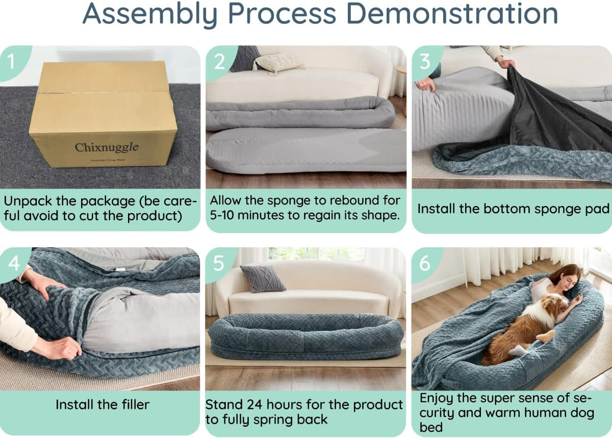 Human Dog Bed for Adult - Luxury Faux Fur Giant Size Dog Bed with Portable Handle, Egg Orthopedic Foam Bed with Blanket, 72"X40"X10", Grayish Blue