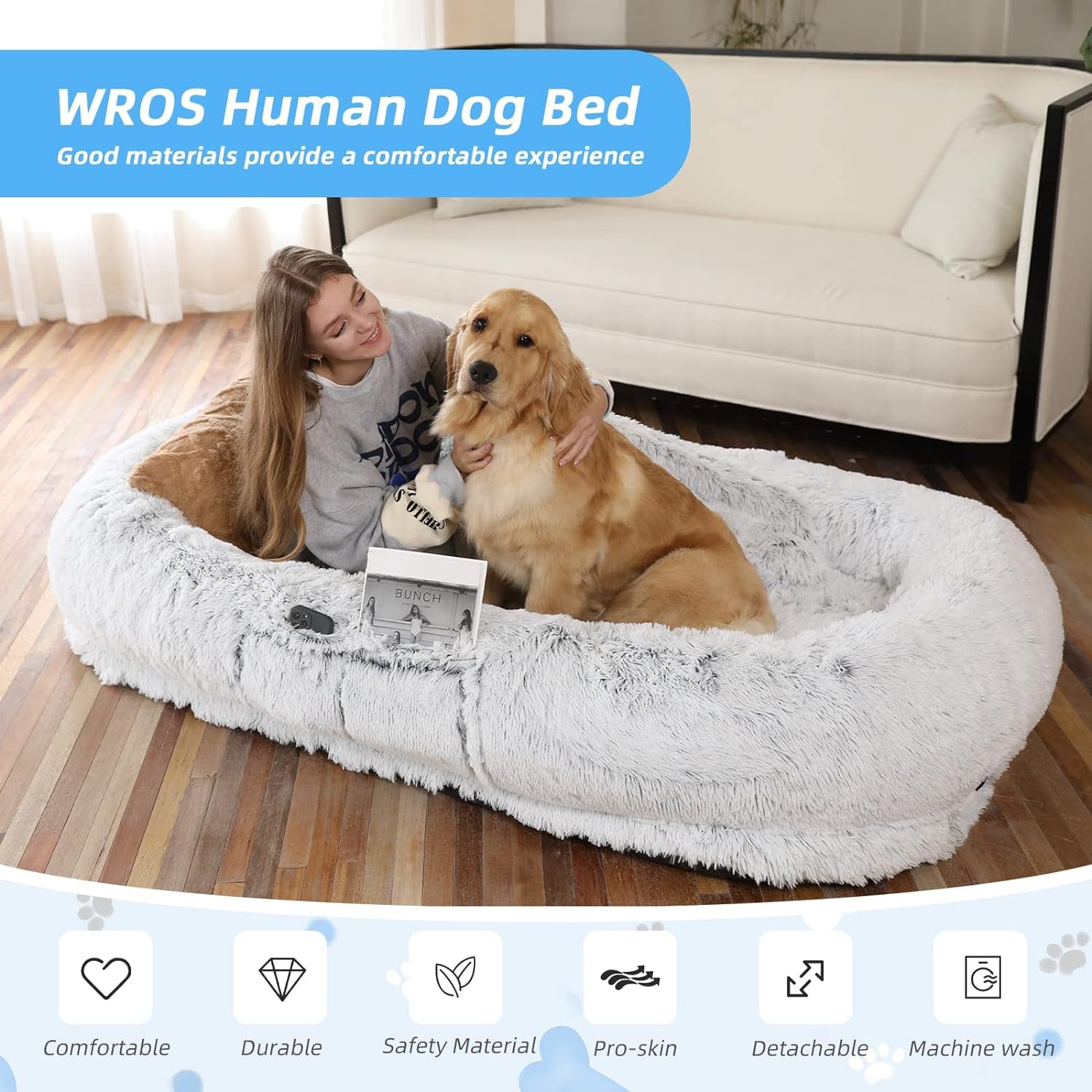 Human Dog Bed - 71"X45"X12" Fits You & Pets, Washable Faux Fur, Orthopedic, Plump Pillow, Blanket, Strap - Grey
