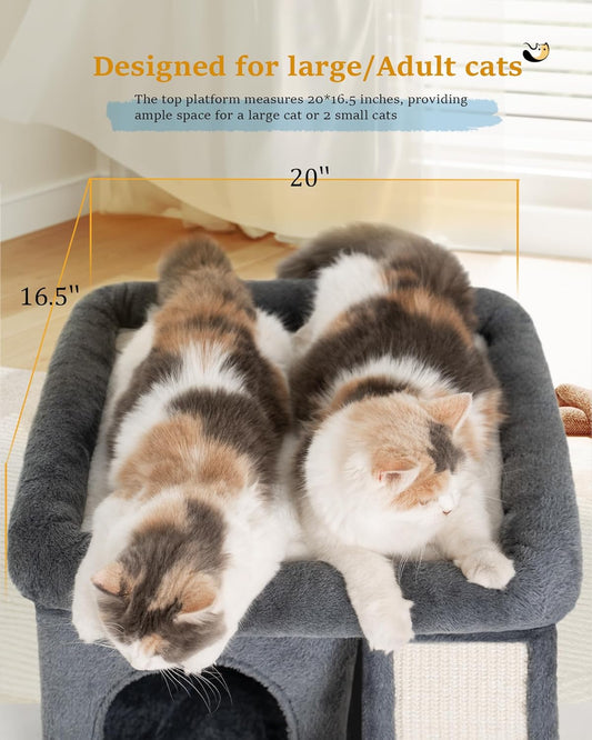 14‘’ Cat Tree Tower with Scratching Post, 20 * 16.5In Perch Bed for Large Adult Cats, Condo Cave for Indoor Small Medium Kittens, Dark Gray