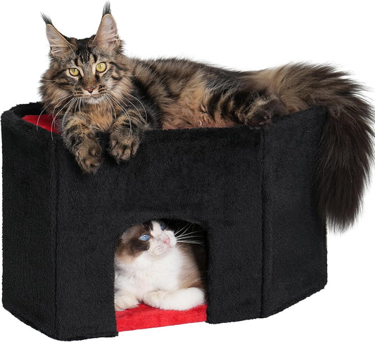 Gothic Cat Condo Cave for Indoor Cats, Spacious Indoor Coffin Cat House Bed,Large 20X13.5Inch Bunk Perch, Stable Cubbie for Pets Rabbits, Halloween Red Black