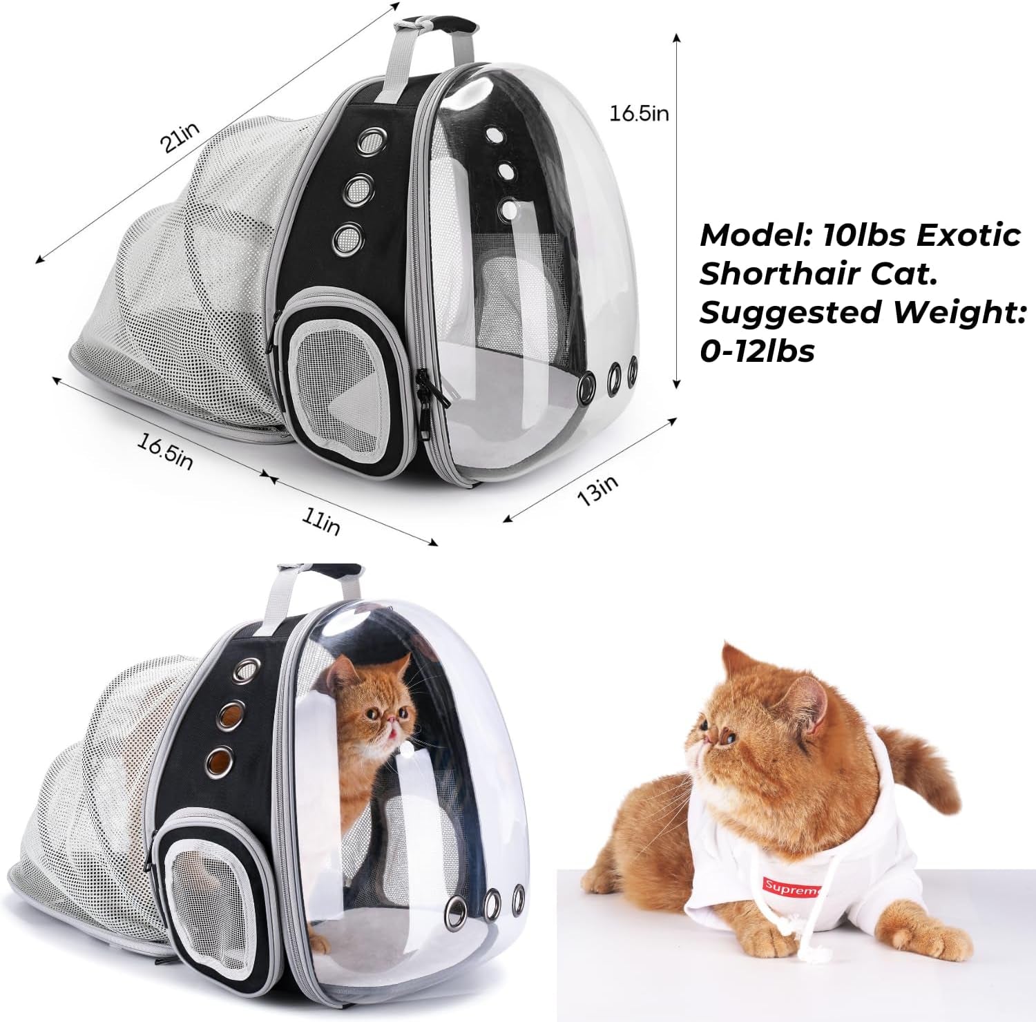 Cat Carrier Backpack, Bubble Expandable Backpack Carrier, Pets and Small Dogs,Airline-Approved, Designed for Travel, Hiking, Walking & Outdoor Use (Back Expandable-Black)