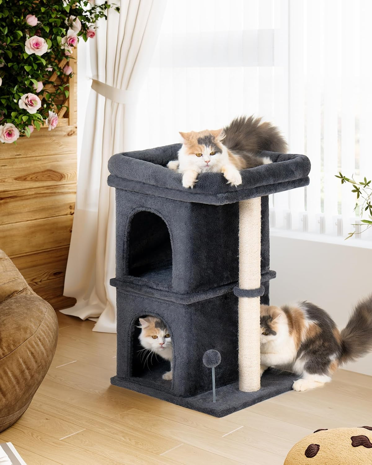 24In Cat Tree Tower with Scratching Post, 19 * 16.5In Window Perch for Large Cats, 2 Cat Condo Cubbies for Indoor Kittens, Dark Gray