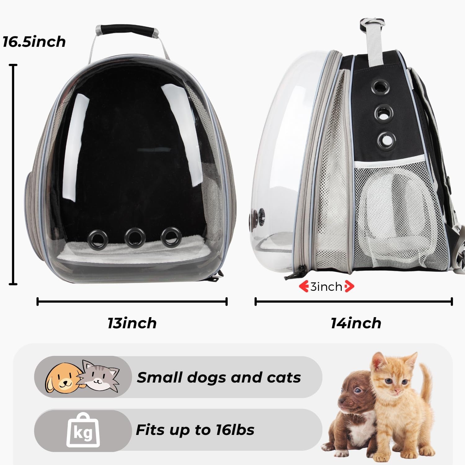 Cat Carrier Backpack, Bubble Expandable Backpack Carrier, Pets and Small Dogs,Airline-Approved, Designed for Travel, Hiking, Walking & Outdoor Use (Front Expandable-Black)