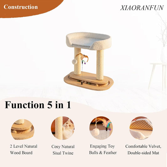 5-In-1 Small Wooden Cat Tree Tower,16.34" Lx11.81 Wx16.54 H,Natural Sisal Cat Scratching Post with Bed for Indoor Cats,Interactive Cat Feather Toy,Ball Track Toy for Kittens and Cats,White