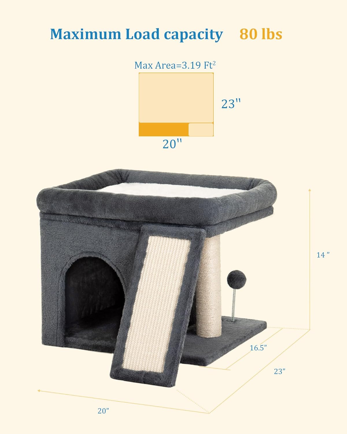 14‘’ Cat Tree Tower with Scratching Post, 20 * 16.5In Perch Bed for Large Adult Cats, Condo Cave for Indoor Small Medium Kittens, Dark Gray