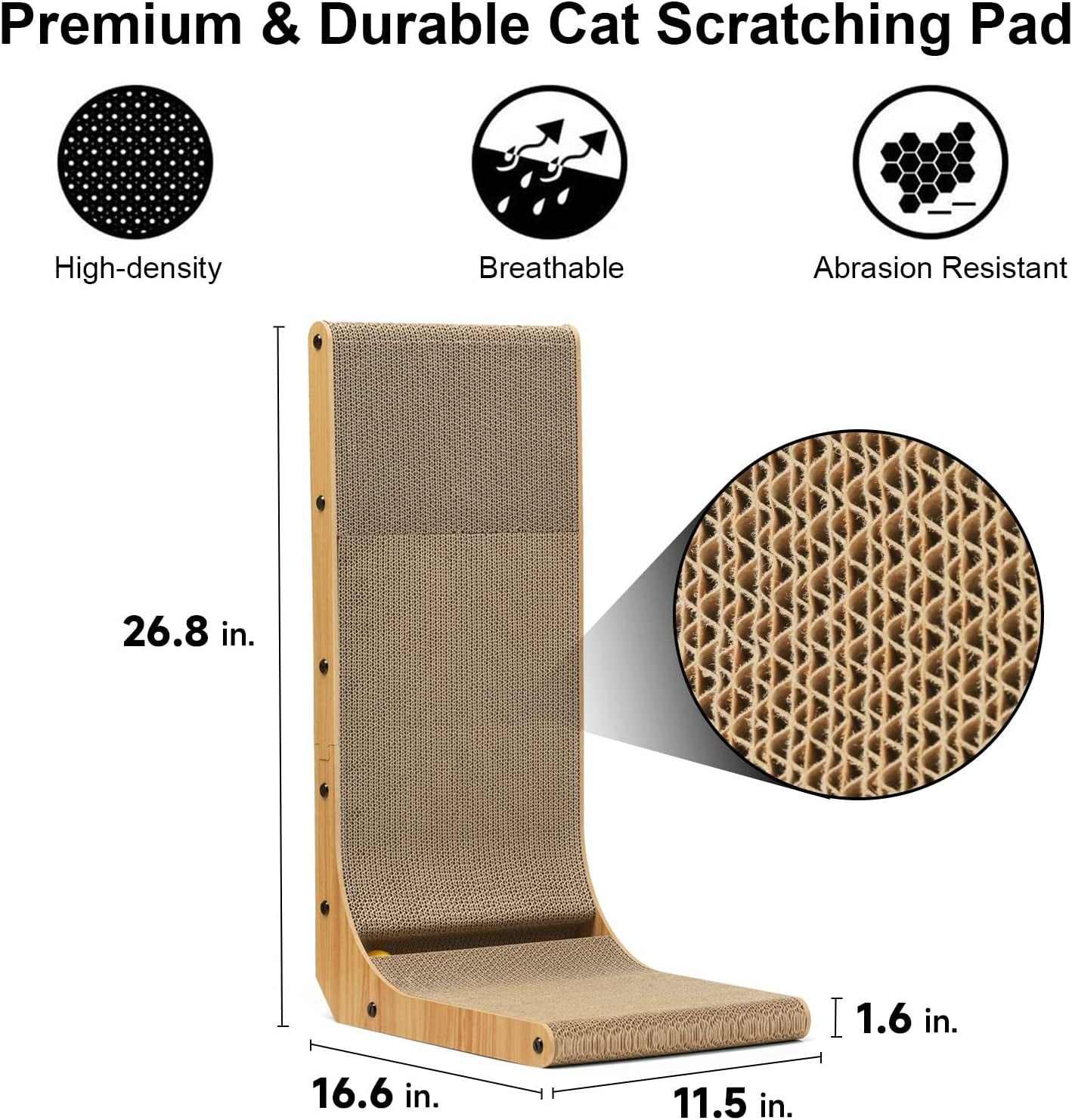Cat Scratcher, 26.8 Inch L Shape Cat Scratch Pad Wall Mounted, Cat Scratching Cardboard with Ball Toy for Indoor Cats, Large Size