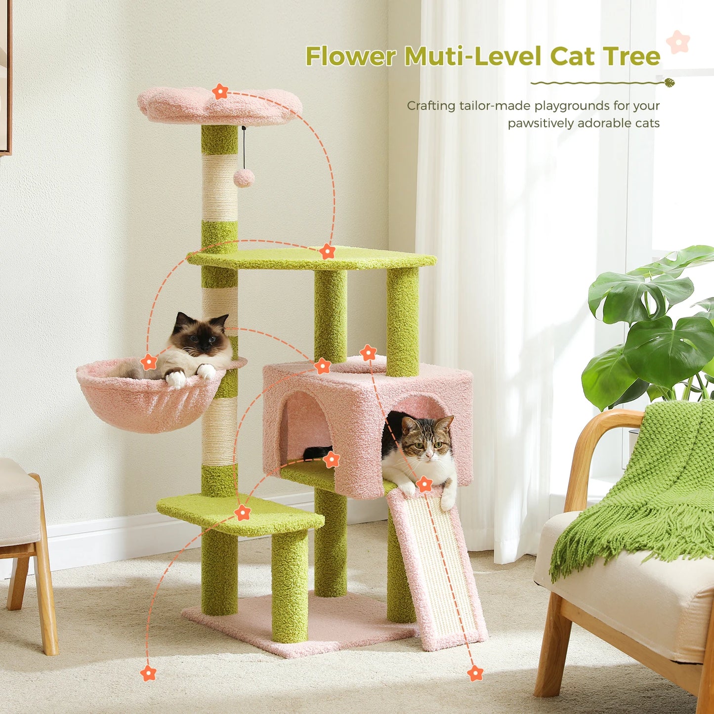 Flower Cat Tree With Scratching Post & Hammock