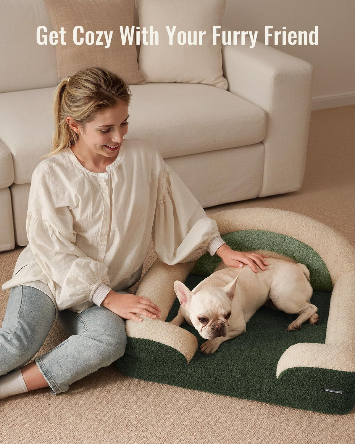 Foam Dog Bed Medium Size, Pet Sofa with Washable Cover and Waterproof Liner, Soft Teddy Plush with Rainbow Design (Green)